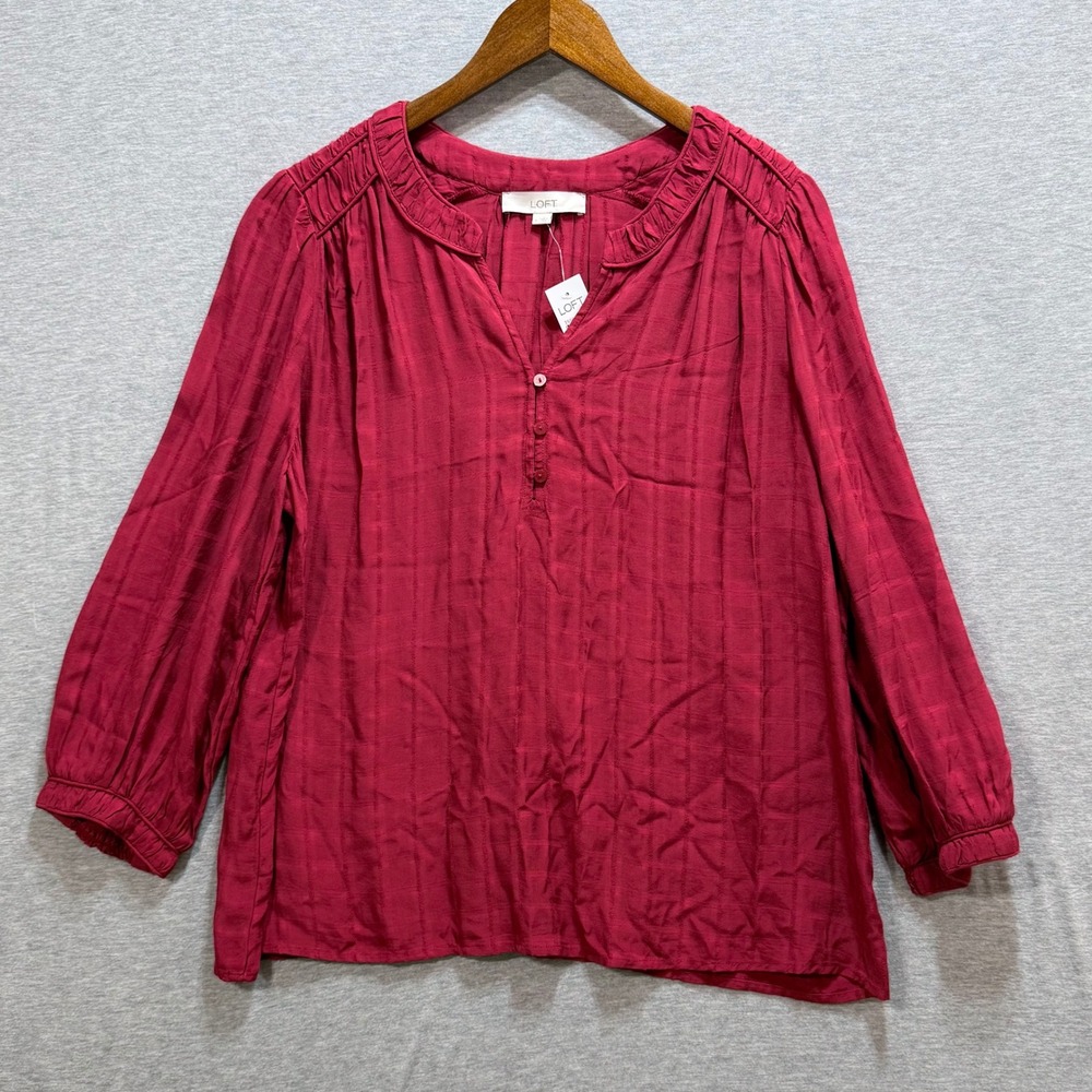 LOFT Blouse Women Size L Dark Red‎ Tonal Grid 3/4 Sleeve Boho Workwear Casual